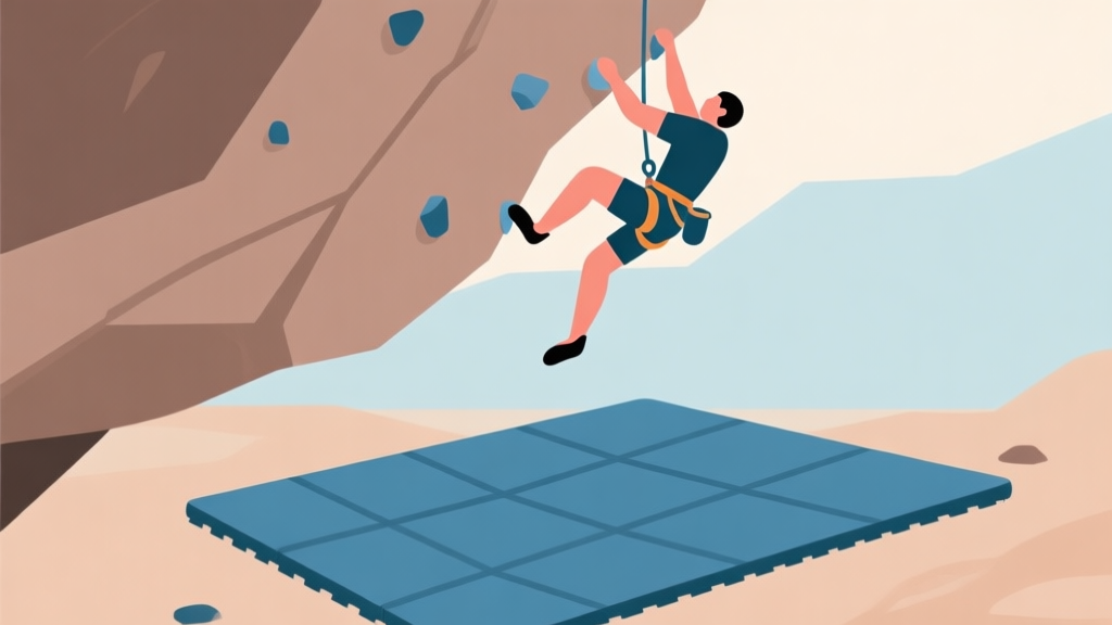 A minimalist illustration of a rock climber in mid-air above a geometric, layered crash pad, soft earth tones and blues, flat design style high quality illustration, detailed, 16:9