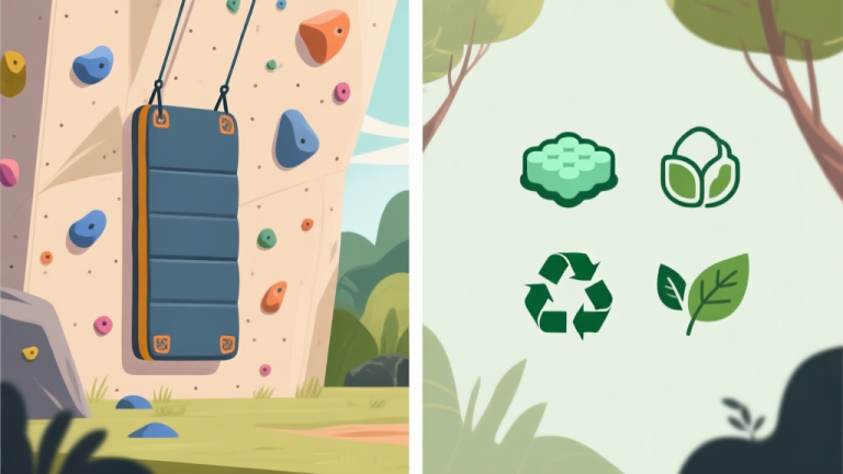 自动生成图片: A split-view illustration showing a traditional crash pad next to an eco-friendly one in a natural bouldering setting, with icons representing foam cells, recycled materials, and leaves, using a soft natural color palette high quality illustration, detailed, 16:9