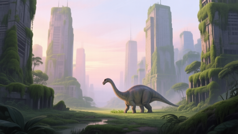 自动生成图片: A serene, overgrown prehistoric cityscape at dawn, with a Brachiosaurus gently grazing among moss-covered skyscrapers, soft pastel color palette, digital painting style high quality illustration, detailed, 16:9