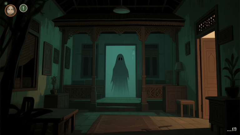 自动生成图片: A dark, atmospheric screenshot-style image of a dimly lit Indonesian-style house interior in a horror game, with a faint ghostly silhouette in the background, using a muted color palette of dark greens and browns high quality illustration, detailed, 16:9