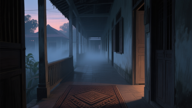 自动生成图片: A mysterious and atmospheric scene of an old Indonesian house corridor at dusk, seen from a first-person perspective, with soft shadows, a faint glowing mist, and a traditional 'kain batik' barely visible on the floor, evoking a sense of unease and hidden story high quality illustration, detailed, 16:9