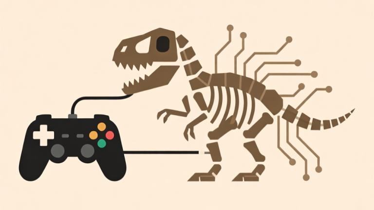 自动生成图片: A minimalist, flat design illustration showing a game controller connected to a stylized, ancient dinosaur skeleton made of geometric shapes and circuit lines, on a soft beige background high quality illustration, detailed, 16:9