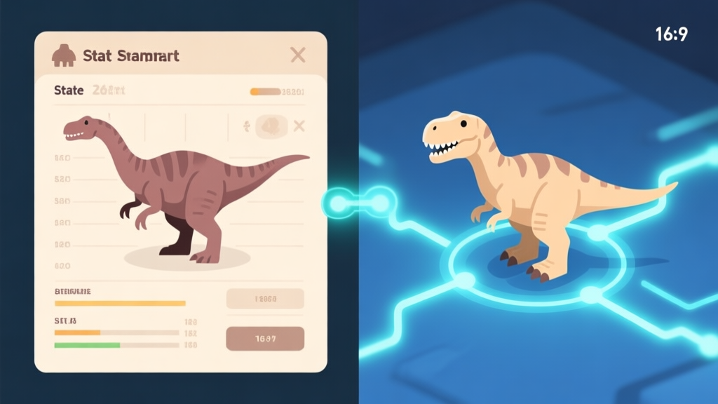A split-screen illustration showing a detailed dinosaur stat sheet on one side and a simple in-game dinosaur model on the other, connected by glowing data lines, soft beige and blue color palette, flat design style high quality illustration, detailed, 16:9