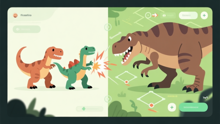 自动生成图片: A split-screen illustration showing two dinosaur avatars on one side coordinating an attack on a larger enemy, with subtle tactical UI elements like arrows and zones, in a soft color palette of greens and browns high quality illustration, detailed, 16:9