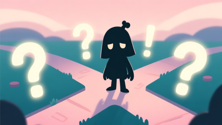 自动生成图片: A mysterious and slightly whimsical game character silhouette standing at a crossroads of glowing question marks and exclamation marks, soft pastel color palette, flat illustration style high quality illustration, detailed, 16:9
