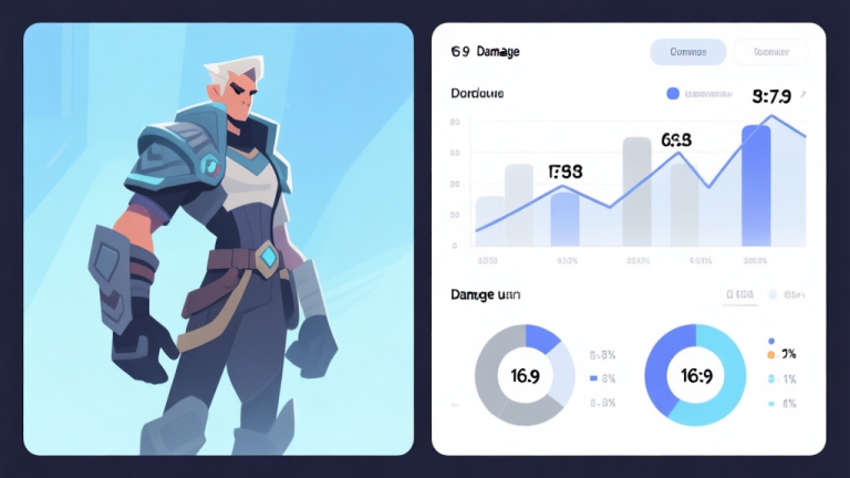 自动生成图片: A split-screen illustration showing a stylized game character on one side and analytical charts with damage numbers on the other, using a soft color palette of blues and grays high quality illustration, detailed, 16:9