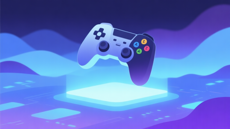 自动生成图片: A minimalist illustration of a game controller hovering over a glowing, abstract digital landscape with soft blue and purple gradients, representing a gaming platform high quality illustration, detailed, 16:9