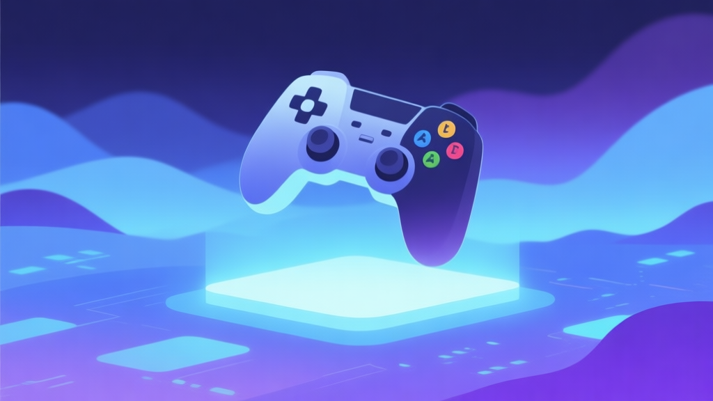 A minimalist illustration of a game controller hovering over a glowing, abstract digital landscape with soft blue and purple gradients, representing a gaming platform high quality illustration, detailed, 16:9