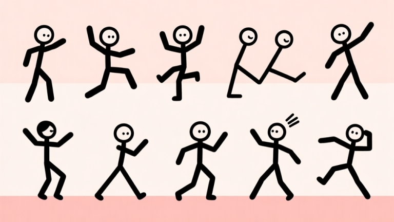 自动生成图片: A collection of various stick figure characters in dynamic poses, set against a minimalist background with soft pastel colors, flat design style high quality illustration, detailed, 16:9