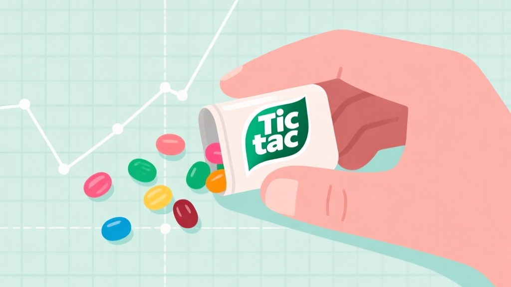 A minimalist flat design illustration showing a hand holding a small, iconic Tic Tac container, with a few colorful candies spilling onto a graph paper background, symbolizing the intersection of simple product and strategic planning, soft pastel color palette high quality illustration, detailed, 16:9