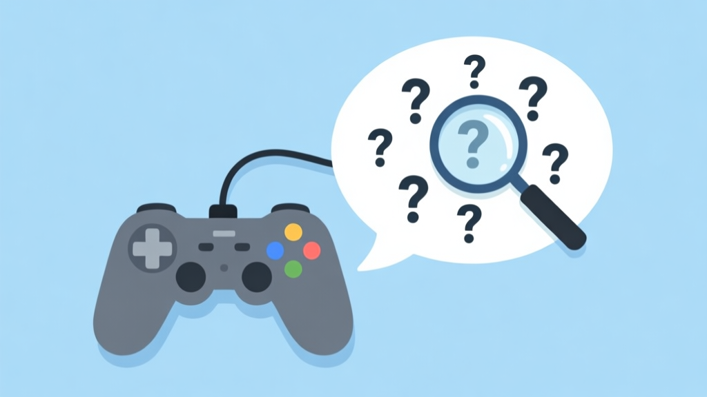 A conceptual illustration showing a game controller connected to a speech bubble filled with question marks and a magnifying glass analyzing them, in a soft blue and grey color scheme, flat design high quality illustration, detailed, 16:9