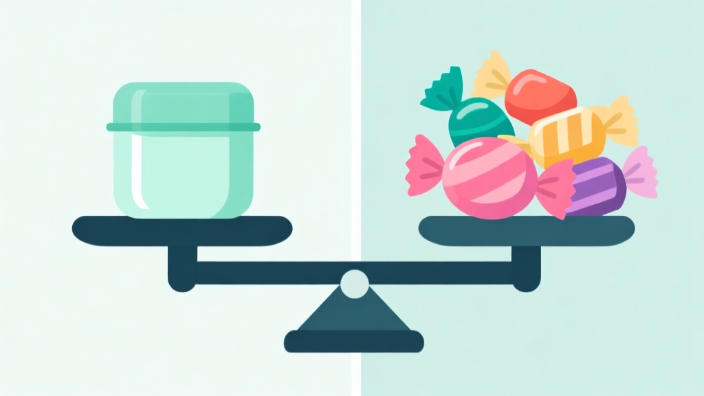 Flat design illustration comparing two product concepts on a scale. One side shows a small, minimalist mint container with a fresh, clean aesthetic. The other side shows assorted, colorful wrapped candies. Soft pastel color palette, clean lines, professional business infographic style. high quality illustration, detailed, 16:9
