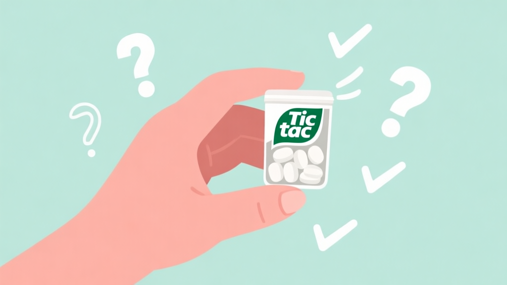 A minimalist flat design illustration showing a hand holding a small container of Tic Tac mints, with question marks and checkmarks floating around it against a soft pastel background high quality illustration, detailed, 16:9