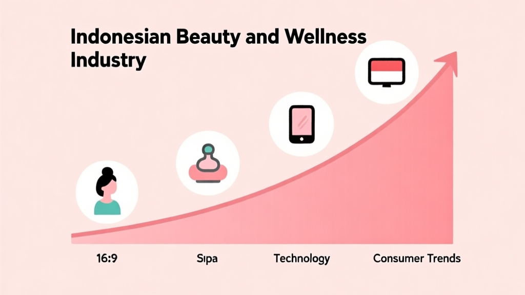 A minimalist infographic showing the growth curve of the Indonesian beauty and wellness industry, with icons representing salon, spa, technology, and consumer trends, on a soft pastel background high quality illustration, detailed, 16:9