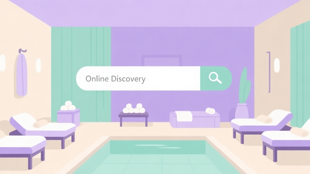 A minimalist illustration of a serene spa interior with a search bar floating above, symbolizing online discovery, using soft pastel colors like lavender, mint green, and beige high quality illustration, detailed, 16:9