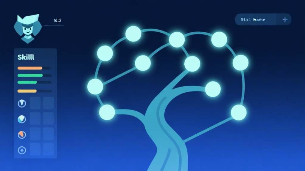 A stylized, minimalist illustration of a game character stat sheet or skill tree interface, with soft glowing nodes and connecting lines, on a dark blue gradient background, flat design style high quality illustration, detailed, 16:9