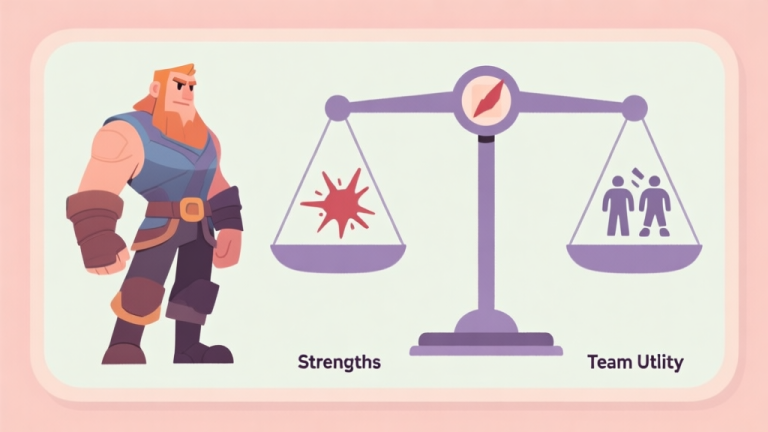 自动生成图片: A side-by-side comparison illustration of a game character's strengths and weaknesses, depicted as scales with icons representing damage, mobility, and team utility, in a soft pastel color palette with clean lines high quality illustration, detailed, 16:9