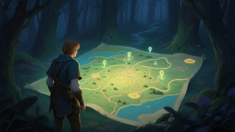 自动生成图片: A player character looking at a glowing, intricate map in a dark forest, with subtle path markers and landmarks highlighted, soft fantasy color palette high quality illustration, detailed, 16:9