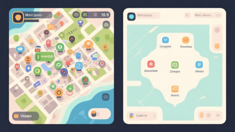自动生成图片: Split-screen illustration showing a cluttered video game mini-map on the left and a clean, annotated version with clear icons and labels on the right, using a soft color palette high quality illustration, detailed, 16:9