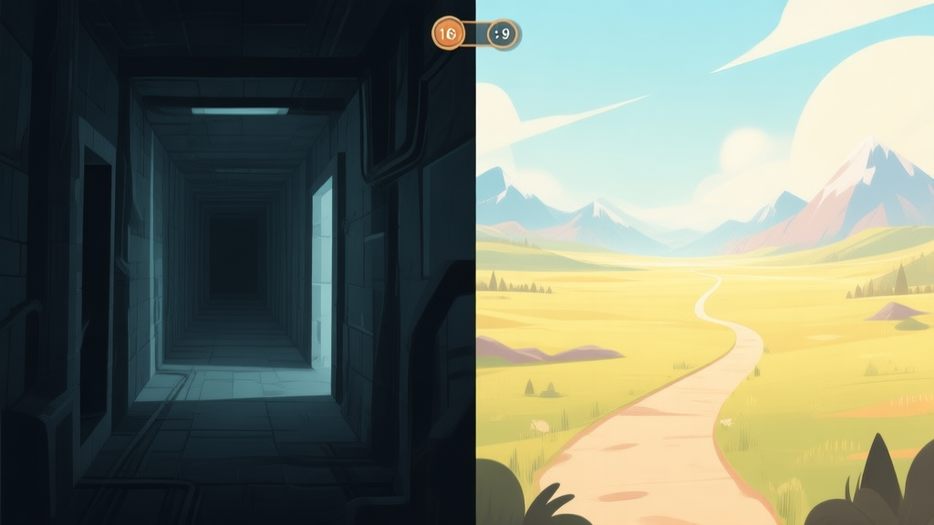 A split-screen illustration showing two contrasting game map styles. Left side: a dark, claustrophobic corridor with limited visibility, creating tension. Right side: a vast, sunlit open landscape with distant mountains and a clear path, evoking a sense of freedom and exploration. Soft color palette. high quality illustration, detailed, 16:9