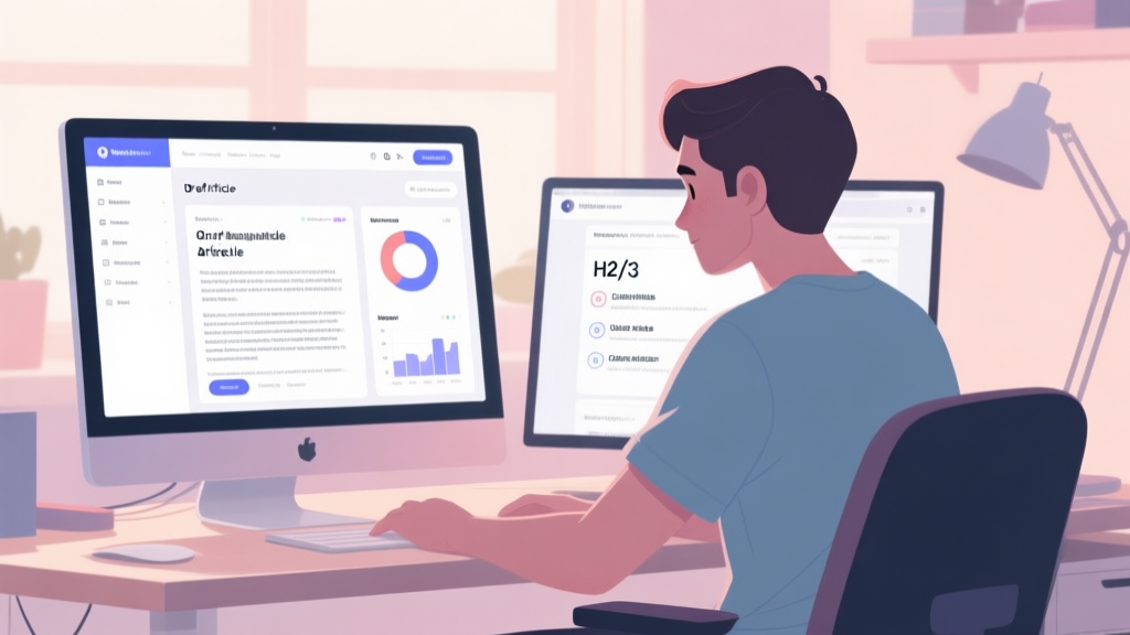 A calm and focused game developer at a desk, looking at a website analytics dashboard on one screen and a draft article with clear H2/H3 headings on another, soft natural lighting, pastel color palette high quality illustration, detailed, 16:9