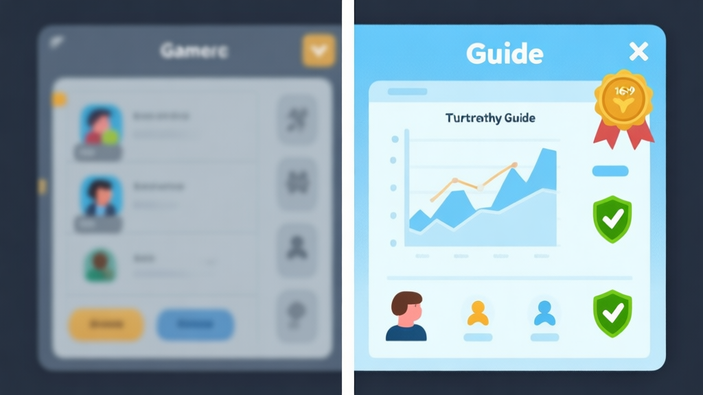 A split-screen illustration showing a vague, generic game guide on one side versus a detailed, trustworthy guide with charts, player icons, and verified badges on the other, using a soft blue and grey color scheme high quality illustration, detailed, 16:9