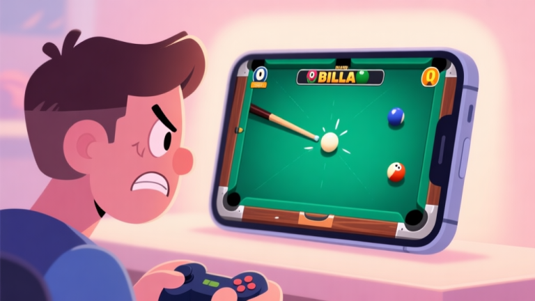 自动生成图片: A frustrated gamer looking at a mobile screen showing a billiards game with a missed shot, soft lighting, pastel color palette, cartoonish style high quality illustration, detailed, 16:9