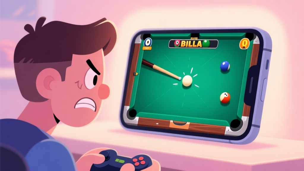 A frustrated gamer looking at a mobile screen showing a billiards game with a missed shot, soft lighting, pastel color palette, cartoonish style high quality illustration, detailed, 16:9