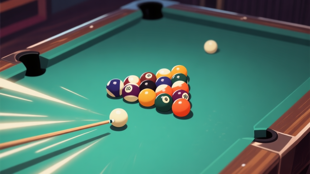 A top-down view of a billiard table in BOS Billiards style, with a perfect triangular rack of balls, the cue ball positioned for a break shot, and dynamic motion lines indicating power and control, soft lighting, professional color scheme high quality illustration, detailed, 16:9