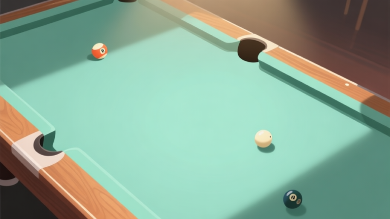 自动生成图片: A top-down view of a well-lit billiard table with two cue balls positioned, one at the head and one near the side pocket, soft shadows, minimalist composition, pastel green felt and warm wood tones high quality illustration, detailed, 16:9