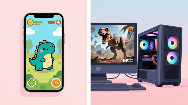 自动生成图片: A split-screen illustration showing a smartphone with a cute cartoon dinosaur game on one side, and a powerful gaming PC with a realistic, intense survival dinosaur game on the other, in a soft pastel color palette high quality illustration, detailed, 16:9