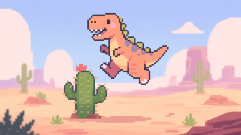 自动生成图片: A cute, pixel-art style dinosaur character mid-jump over a cactus in a desert landscape, soft pastel color palette, simple and friendly game art style high quality illustration, detailed, 16:9