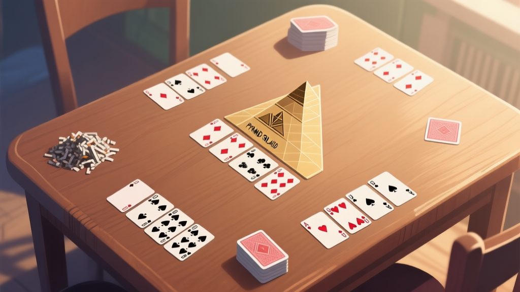 A serene, top-down view of a Pyramid Solitaire game in progress on a wooden table, soft natural lighting, cards neatly arranged in pyramid shape, stock and waste piles visible, calm and focused gaming atmosphere high quality illustration, detailed, 16:9