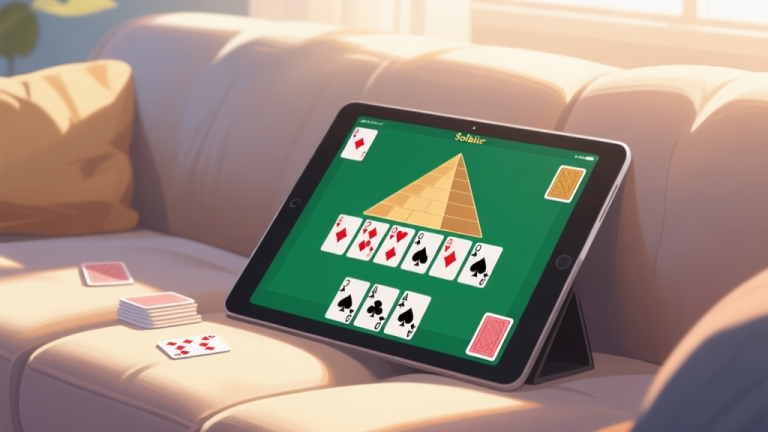 自动生成图片: A serene digital illustration of a Pyramid Solitaire game in progress on a tablet, resting on a cozy couch with soft morning light. The cards are clear, and the pyramid layout is prominent, evoking a sense of calm and focused leisure. high quality illustration, detailed, 16:9