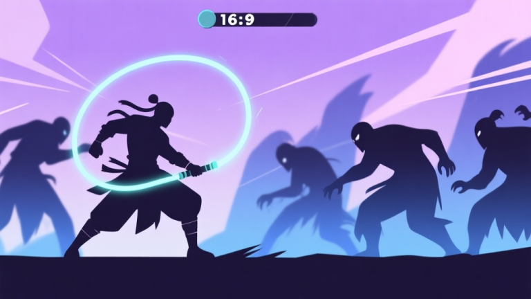 自动生成图片: A side-scrolling action game scene showing a stylized silhouette of a character wielding a glowing whip-like weapon against multiple shadowy foes, soft purple and blue color palette, dynamic action lines, flat design style high quality illustration, detailed, 16:9