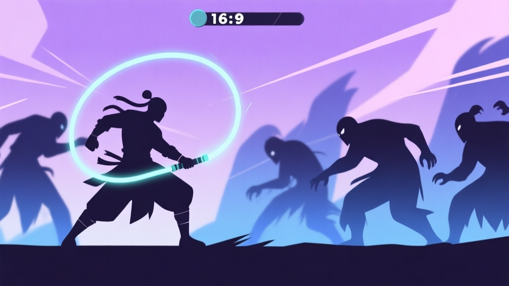 A side-scrolling action game scene showing a stylized silhouette of a character wielding a glowing whip-like weapon against multiple shadowy foes, soft purple and blue color palette, dynamic action lines, flat design style high quality illustration, detailed, 16:9