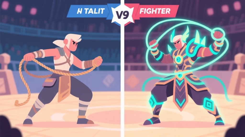 A split-screen illustration showing two contrasting Tali Fighter characters in a PvP arena. Left side: A character with simpler gear, using basic rope techniques, flat design style, soft colors. Right side: A character with intricate, glowing gear executing advanced rope binds, flat design style, soft colors. high quality illustration, detailed, 16:9