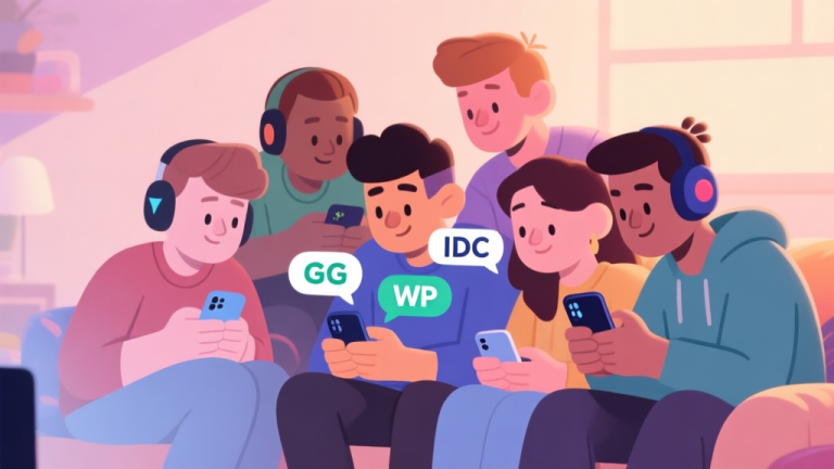 自动生成图片: A cozy, inviting illustration of a diverse group of stylized gamers sitting together, some looking at a mobile phone with chat bubbles showing "GG", "WP", and "IDC", in a soft pastel color palette with warm lighting high quality illustration, detailed, 16:9