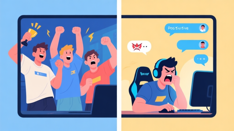 自动生成图片: Split-screen illustration showing a positive gaming team celebrating a victory on one side, and a negative scene with angry chat bubbles and a frustrated player on the other, using a soft color palette with blues and warm yellows high quality illustration, detailed, 16:9