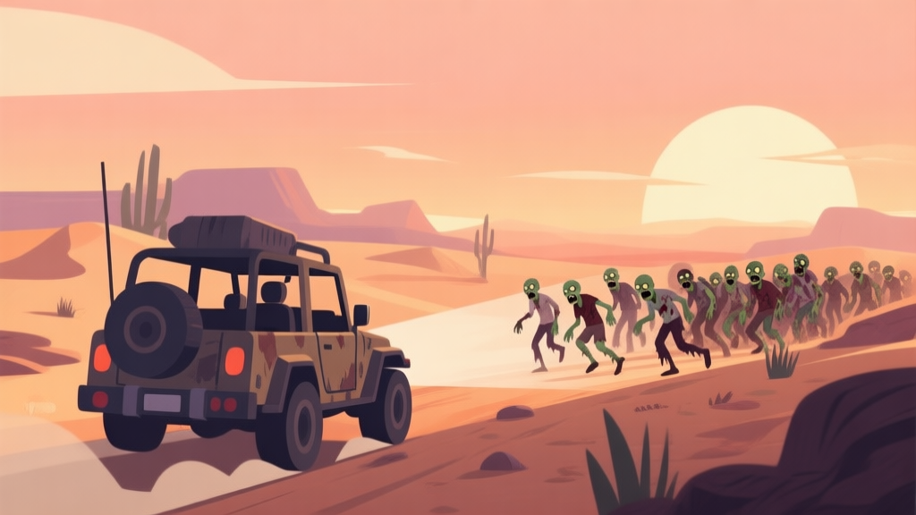 A side-scrolling game scene showing a rugged vehicle driving through a desert landscape with a horde of zombies in pursuit, soft sunset color palette, flat design style high quality illustration, detailed, 16:9