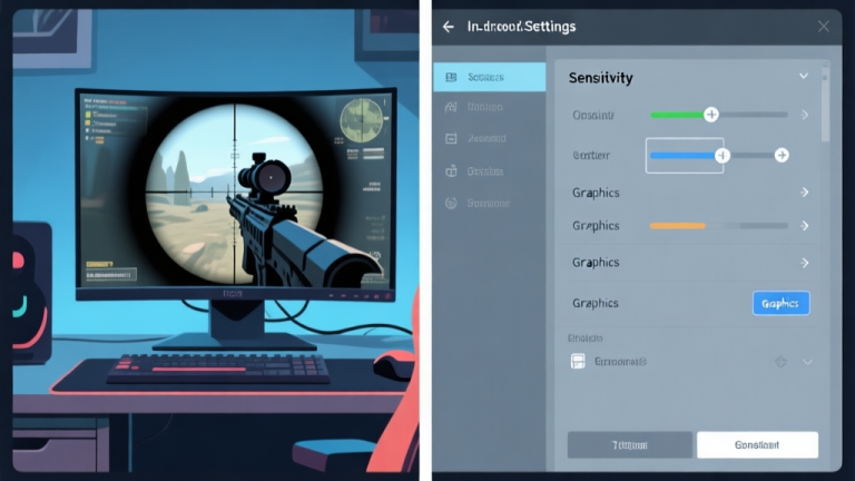 自动生成图片: A split-screen image showing a professional gaming setup on one side with a monitor displaying a sniper scope view, and on the other side, an in-game settings menu with sensitivity and graphics options highlighted. Muted color palette with blues and grays. high quality illustration, detailed, 16:9