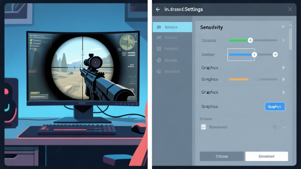 A split-screen image showing a professional gaming setup on one side with a monitor displaying a sniper scope view, and on the other side, an in-game settings menu with sensitivity and graphics options highlighted. Muted color palette with blues and grays. high quality illustration, detailed, 16:9