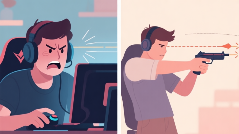 自动生成图片: Split-screen illustration showing a frustrated gamer missing shots versus a calm, focused gamer landing precise headshots, with subtle trajectory lines highlighting accuracy, soft color palette high quality illustration, detailed, 16:9
