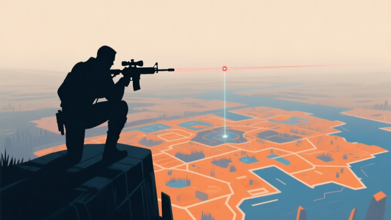 自动生成图片: A lone, silhouetted sniper character overlooking a vast, stylized game map from a high vantage point, with a single laser sight dot visible in the distance, muted color palette with highlights of orange and blue high quality illustration, detailed, 16:9