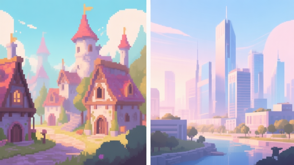 Split-screen illustration showing a pixel art fantasy town on the left and a photorealistic modern cityscape on the right, soft lighting, pastel color palette high quality illustration, detailed, 16:9