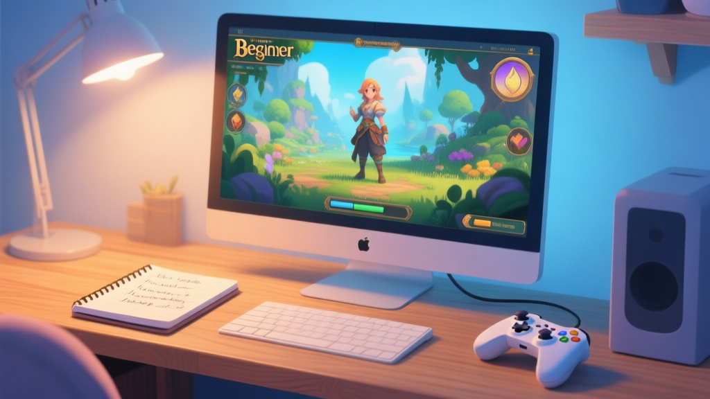A cozy, inviting scene of a beginner gamer's desk setup with a PC monitor showing a vibrant, lush RPG world character creation screen, soft warm lighting, notebook with handwritten notes, and a simple game controller, in a soft color palette with gentle blues and warm wood tones high quality illustration, detailed, 16:9