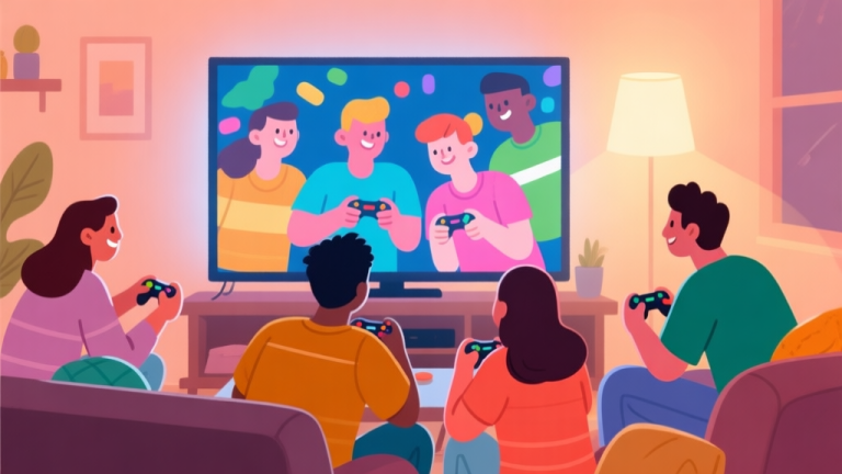 自动生成图片: A cozy, inviting scene of diverse friends gathered around a large screen, playing a colorful and engaging video game together, soft lighting, warm color palette, flat illustration style high quality illustration, detailed, 16:9