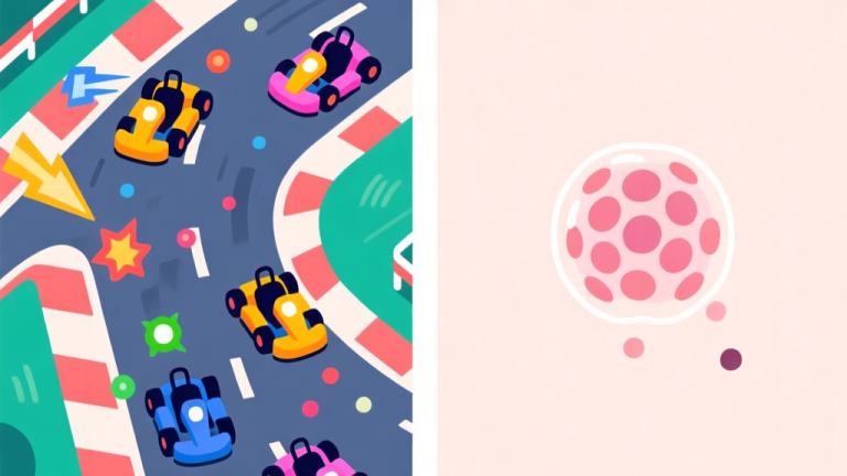 自动生成图片: A split-screen illustration showing a chaotic, top-down view of a kart race with colorful power-ups on one side, and a minimalist, cell-like blob consuming smaller dots on a plain background on the other side, soft pastel colors, flat design style high quality illustration, detailed, 16:9