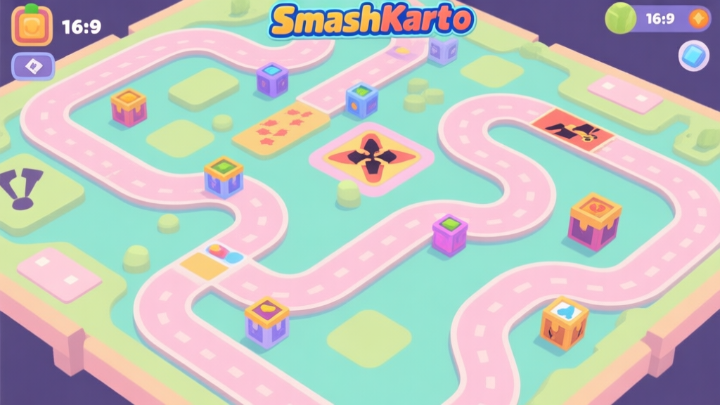 Top-down view of a colorful SmashKart.io game map with multiple tracks, item boxes, and hazard zones, soft pastel color palette, minimalist game illustration high quality illustration, detailed, 16:9