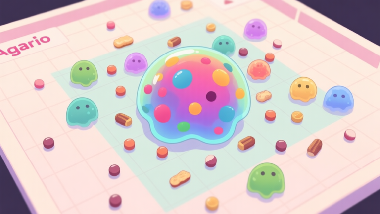 自动生成图片: A top-down view of an Agar.io game map showing a large colorful cell surrounded by many smaller cells and food pellets, with a subtle grid in the background, soft pastel colors high quality illustration, detailed, 16:9